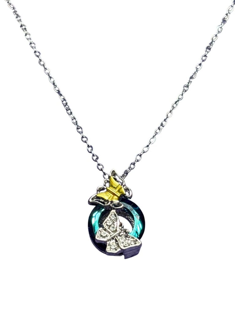 Blue Green Rhinestone Butterflies Pendant Necklace Silvertone Goldtone